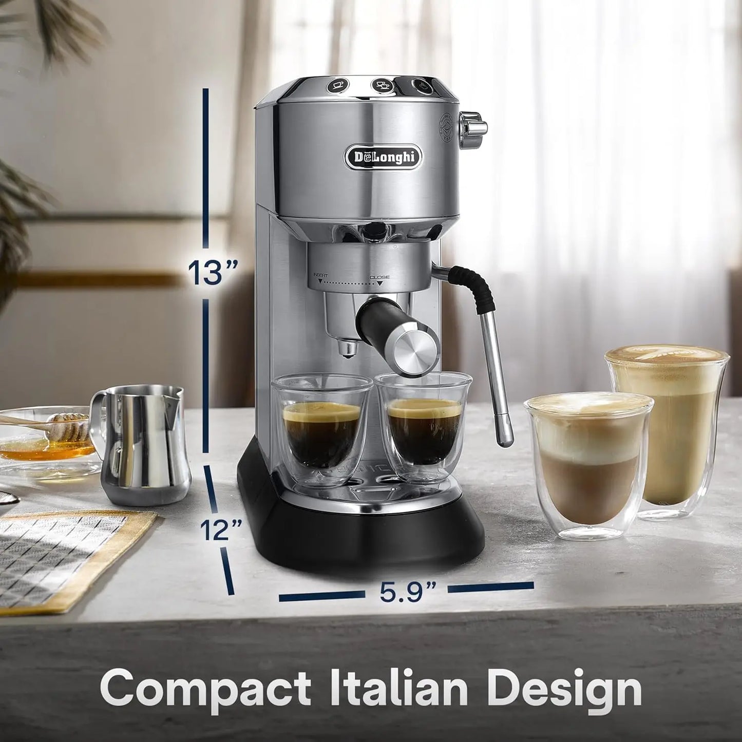 Dedica Arte Espresso Machine with Manual Milk Frother for Espresso, Capuccino, Latte, 35 Ounce Water Tank, Silver, EC8