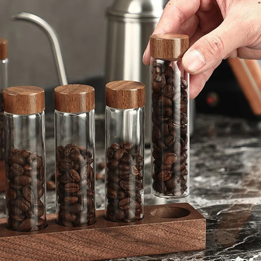 Coffee Beans Storage Container Glass Tube With Wood Tool Bottled Tubes Grain Storage Wooden Sealed Canisters Barista Tool Gift