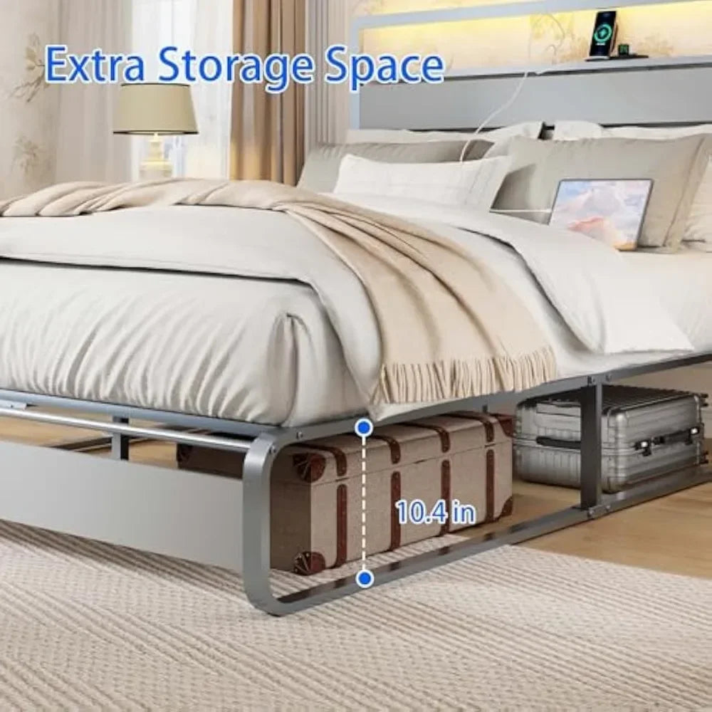 Metal Queen Bed Frame with Storage Headboard,Platform Bed Frame Queen Size with LED Lights and Charging Station, free shipping