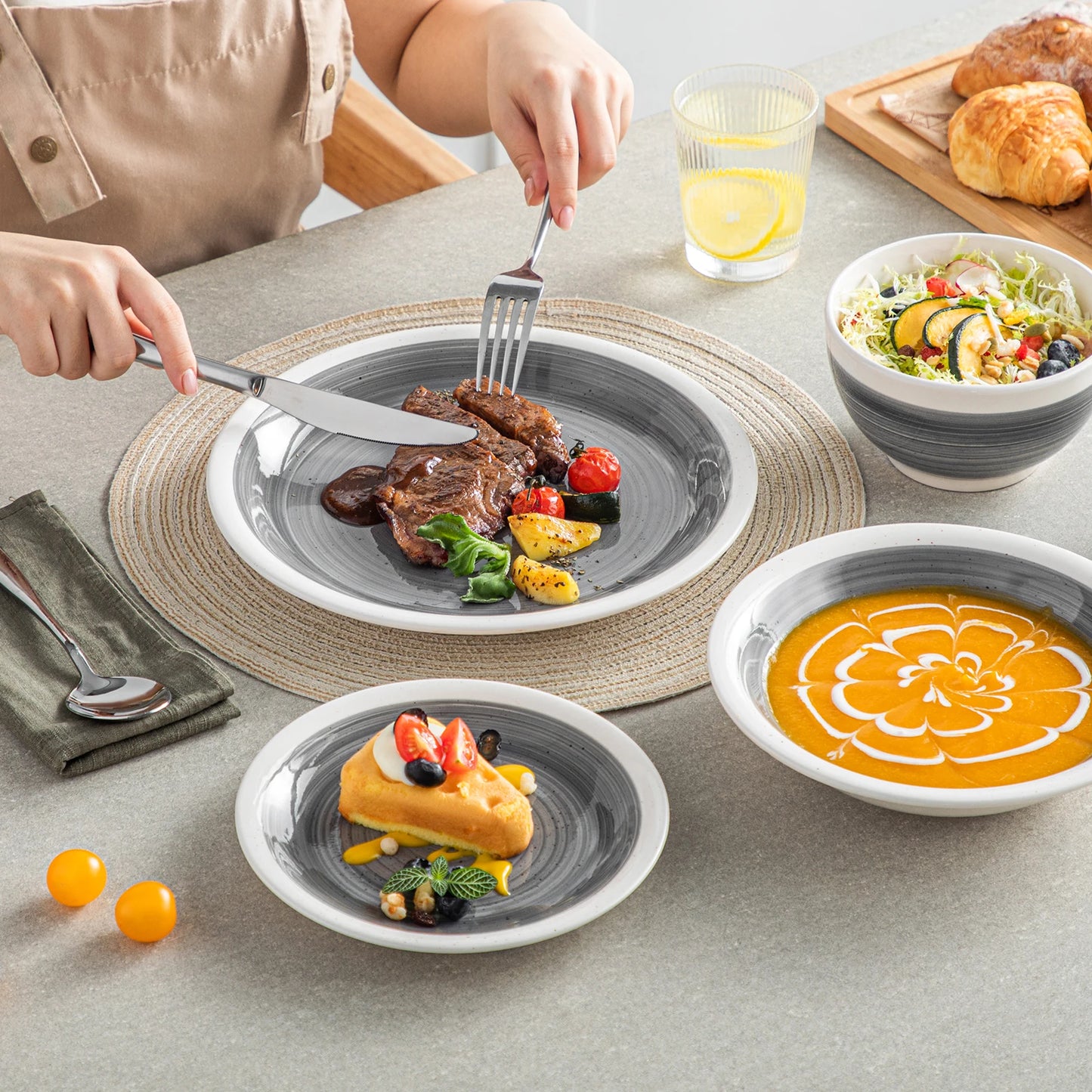 VANCASSO ORI 16/32 Piece Grey Color Stoneware Tableware Set with Dinner/Dessert Plate Cereal/Pasta Bowl  For 4/8 Person