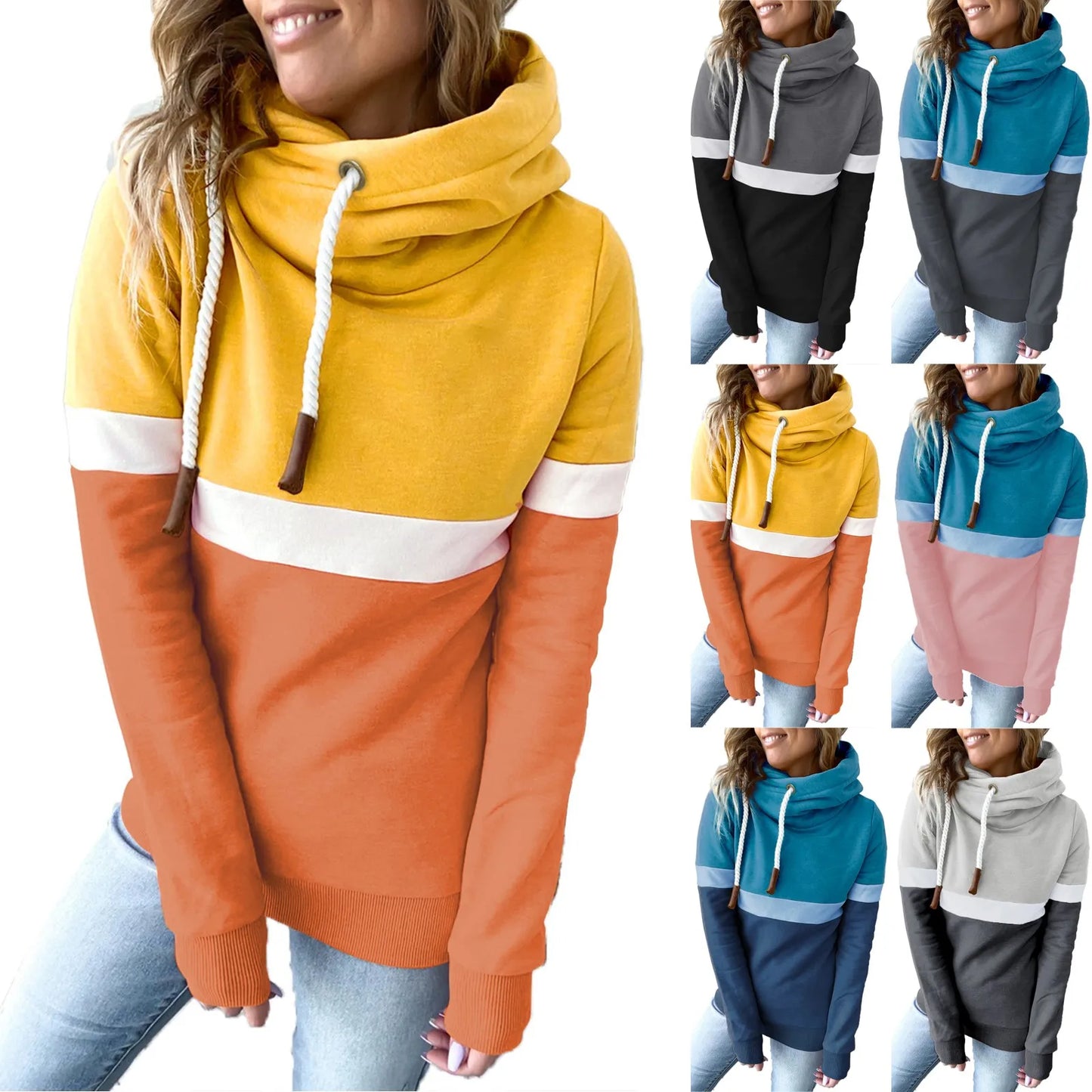 Fashion Women's Hoodie Casual Hoodies Pullovers Sweatshirts female Top Tricolor personality High Neck Hoodies Sweatshirt