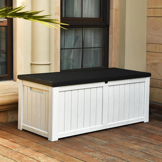 120 Gallon Large Deck Box, Resin Outdoor Storage Box w/Lockable Black Lid for Outdoor Pillows, Garden Tools and Pool Supplies