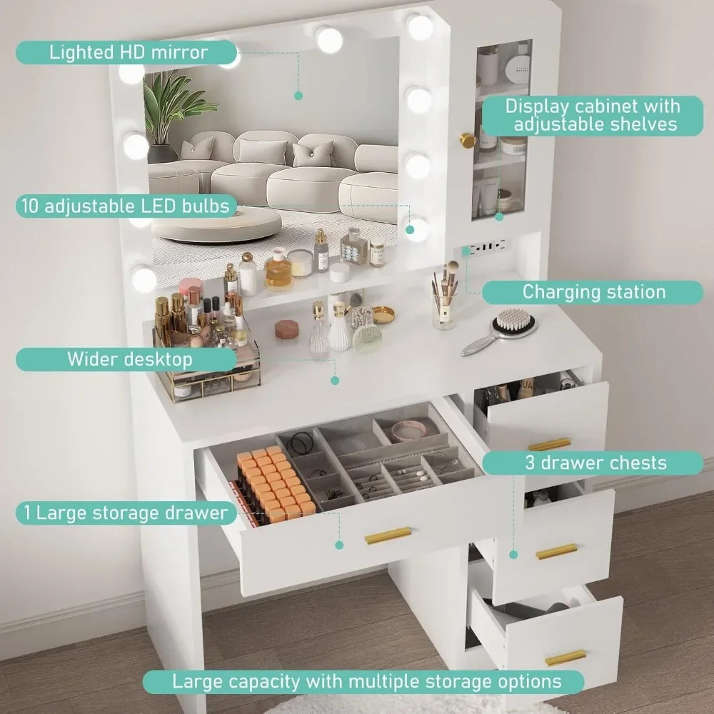 White Vanity with Mirror and Lights, Makeup Vanity Desk with 4 Drawers,Glass Door Storage Cabinet,Charger Station,3 Color Modes