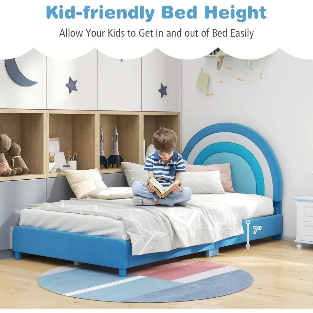 Children Beds, Twin Bed Frames for Kids, Upholstered Wooden Kids Bed w/Adjustable Headboard, Slats Support, 660 LBS Weight Cap