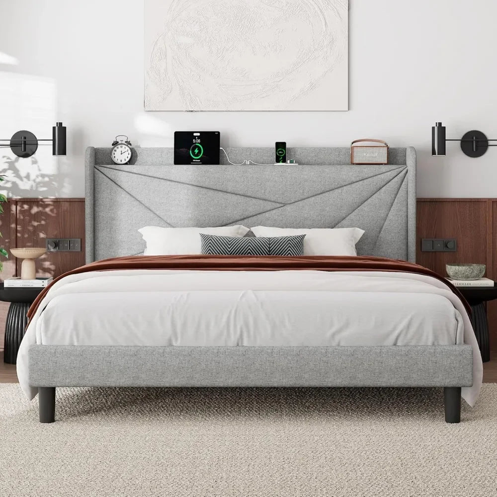 King Size Bed Frame, Modern Bed Frame with Charging Station, Wingback Storage Headboard, Solid Wood Slats Support