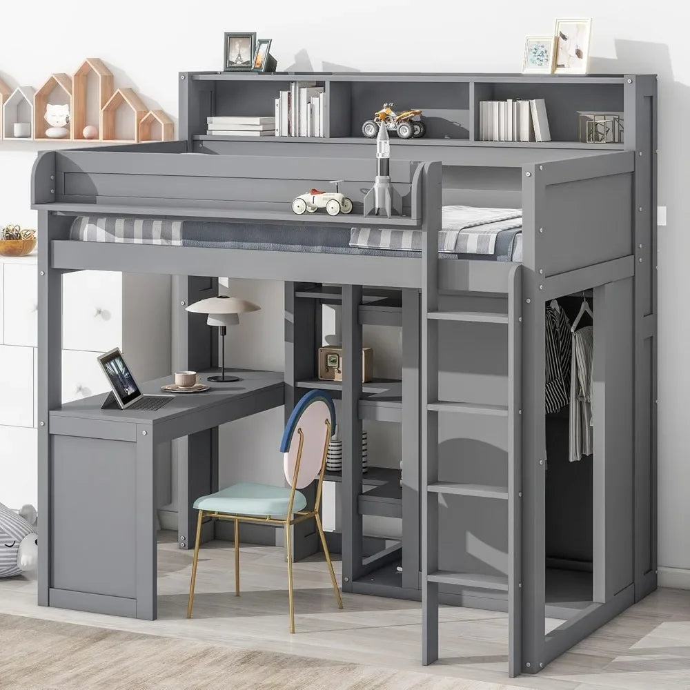 Twin Loft bedrooms Solid Wood Loft Bed with Desk and Multiple Shelves, High Loft Bed Frame for Kids Teens Adults