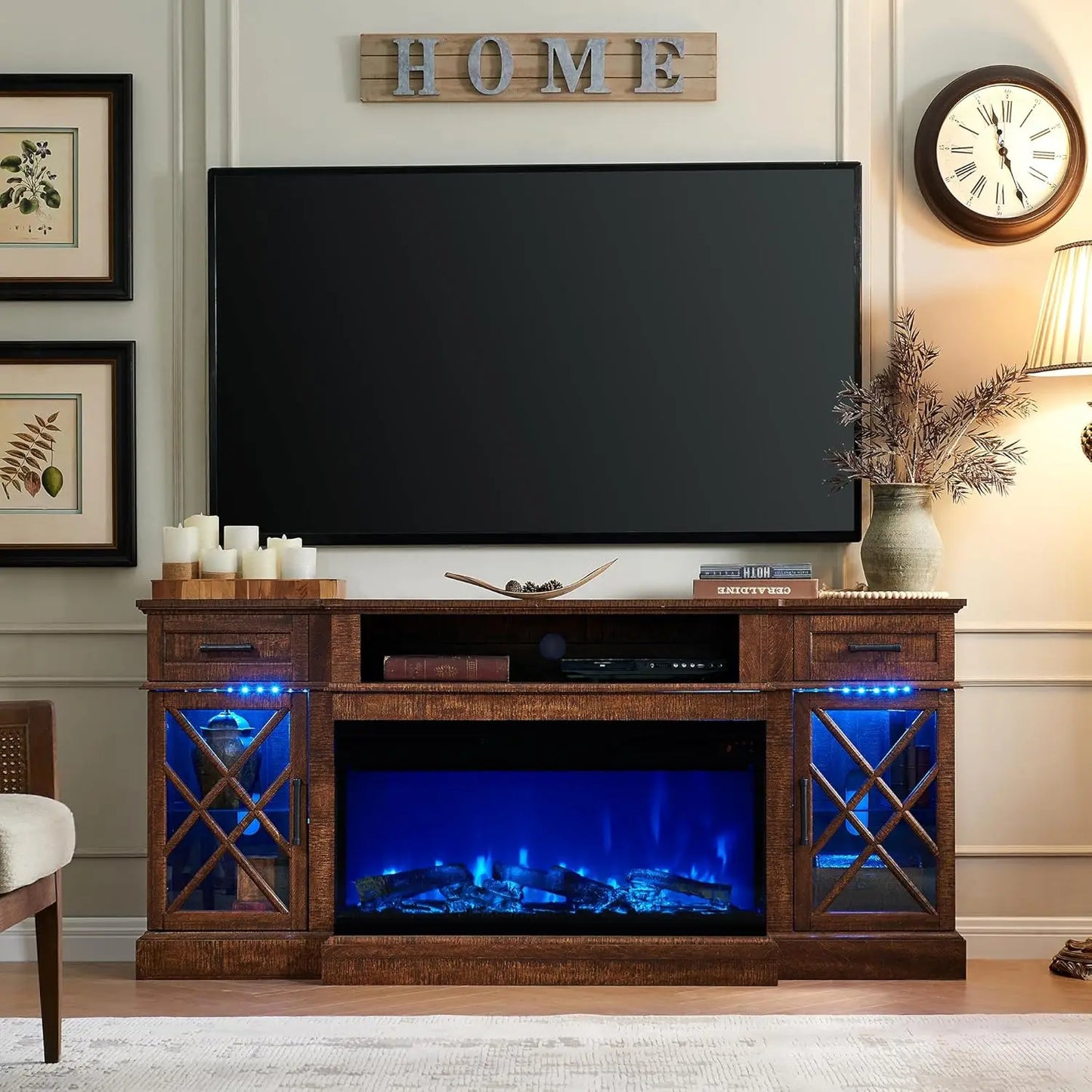 TV Stand with Fireplace, Entertainment Center Stand with 3-Sided Glass Electric Fireplace, with 2 Drawers & 2 Storage Cabinet