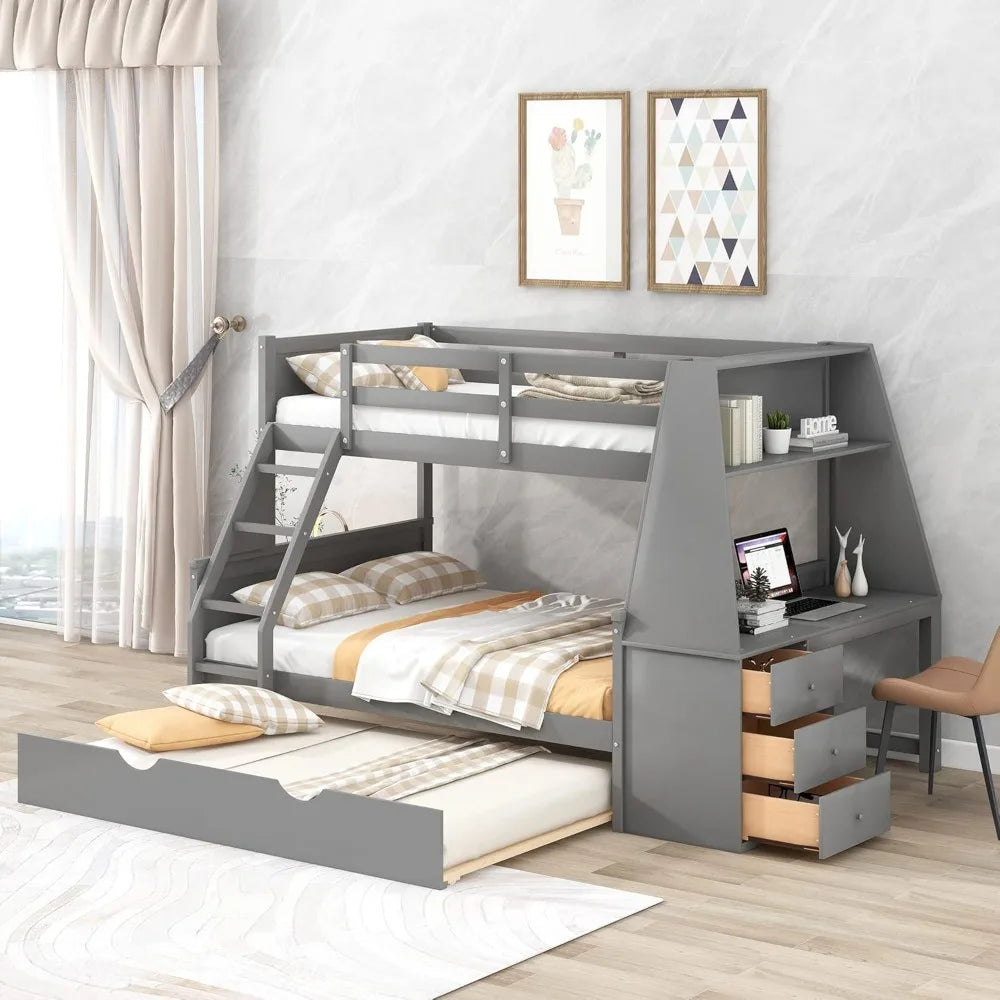 Twin Over Full Bunk Bed, Wood BunkBed Frame with Trundle and Built-in Desk, Three Storage Drawers and Shelf, Space-Saving Design