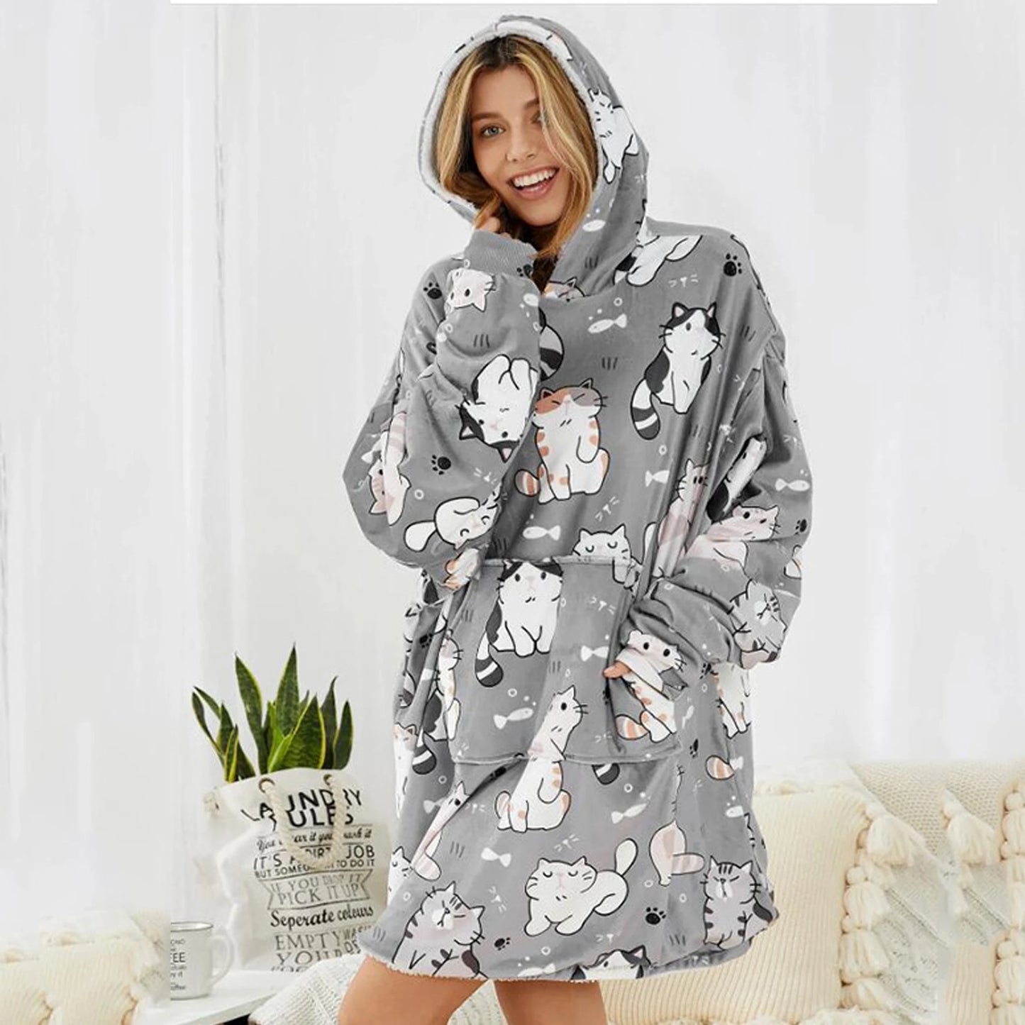 A Big Pocket Grey Cat Print Hooded Coat Winter Europe And The United States Loose Warm Hoodie Lazy Blanket Winter Lady Hoodie La