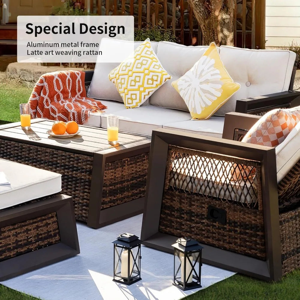 6 Pcs Outdoor Furniture Set, Wicker Recliner Chairs with Ottomans, Rattan Patio Set , Modern Outdoor Conversation Sofa Sets