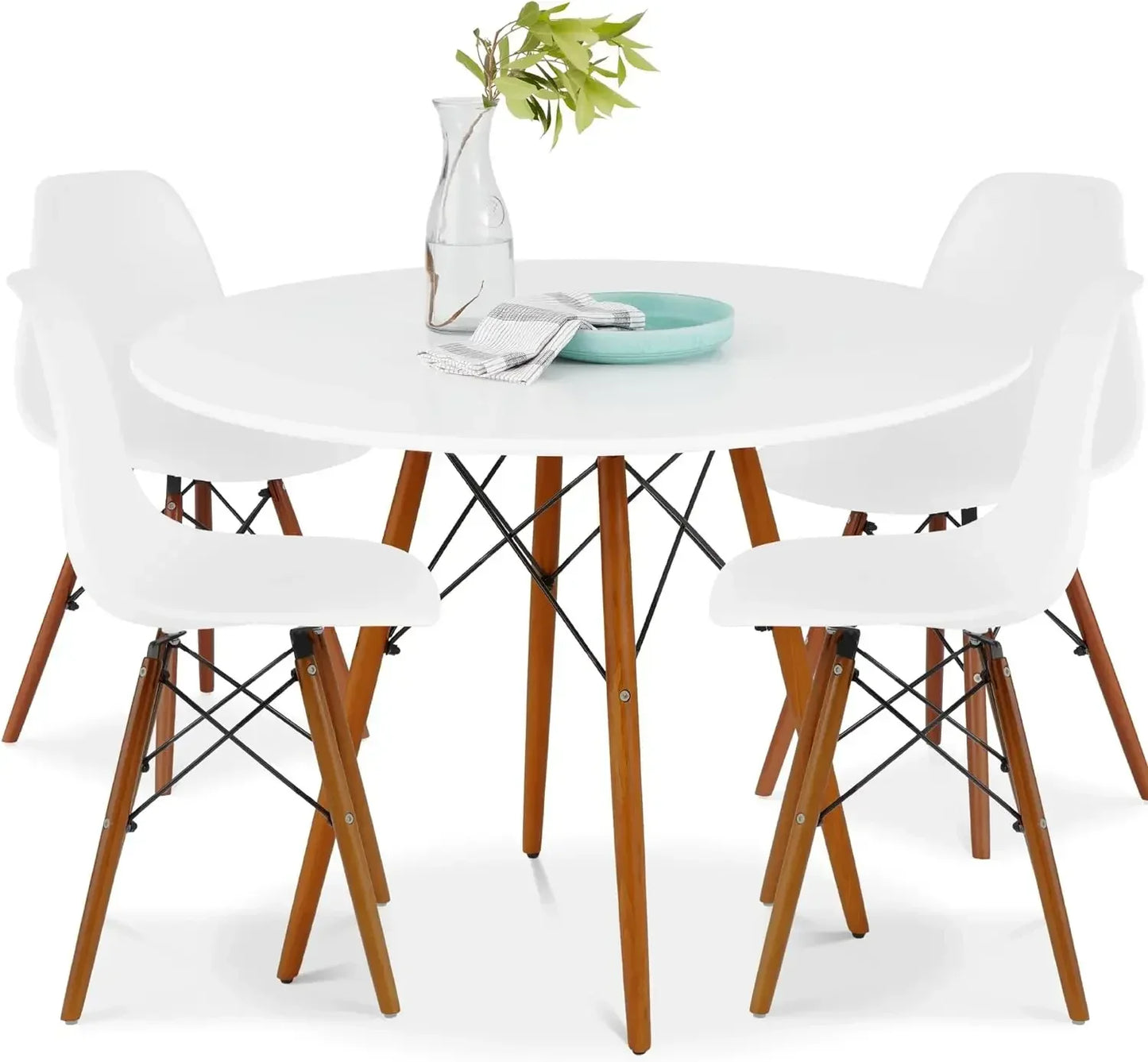 5-Piece Dining Set, Compact Mid-Century Modern Table & Chair Set for Home, Apartment w/ 4 Chairs, Plastic Seats, Wooden Legs