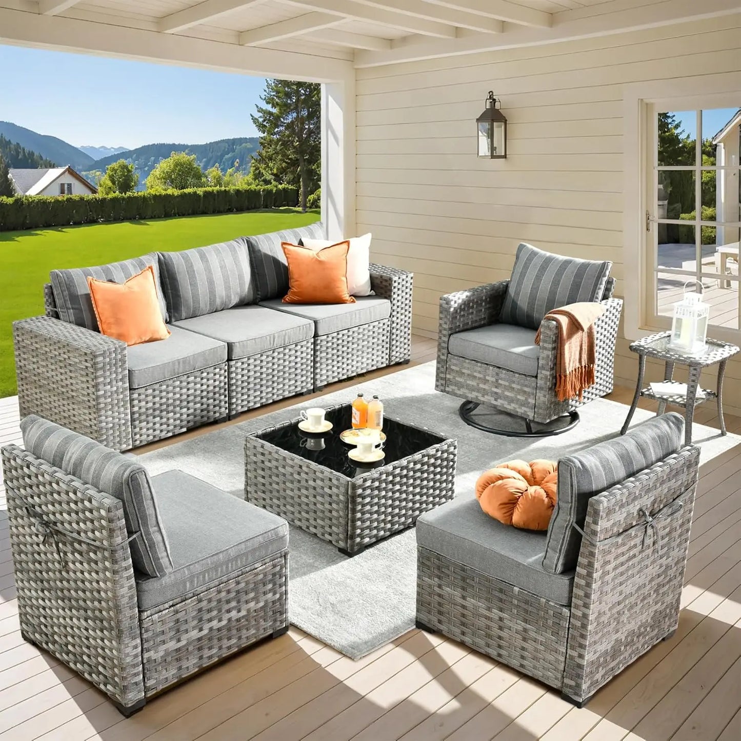 9 Pieces Patio Furniture Set, Outdoor Sectional Sofa with Swivel Rocking Chairs, Wide Arms and Deep Seat, Wicker Rattan Set