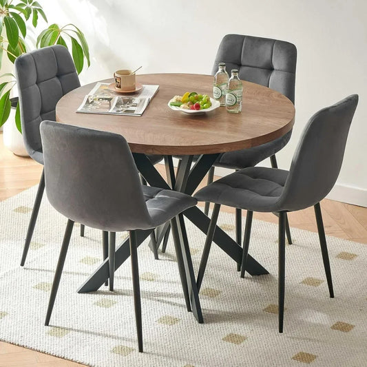 37" Round Dining Table MDF Faux Wood Tabletop, Grey Velvet Dining Chairs Upholstered Side Chair with Back