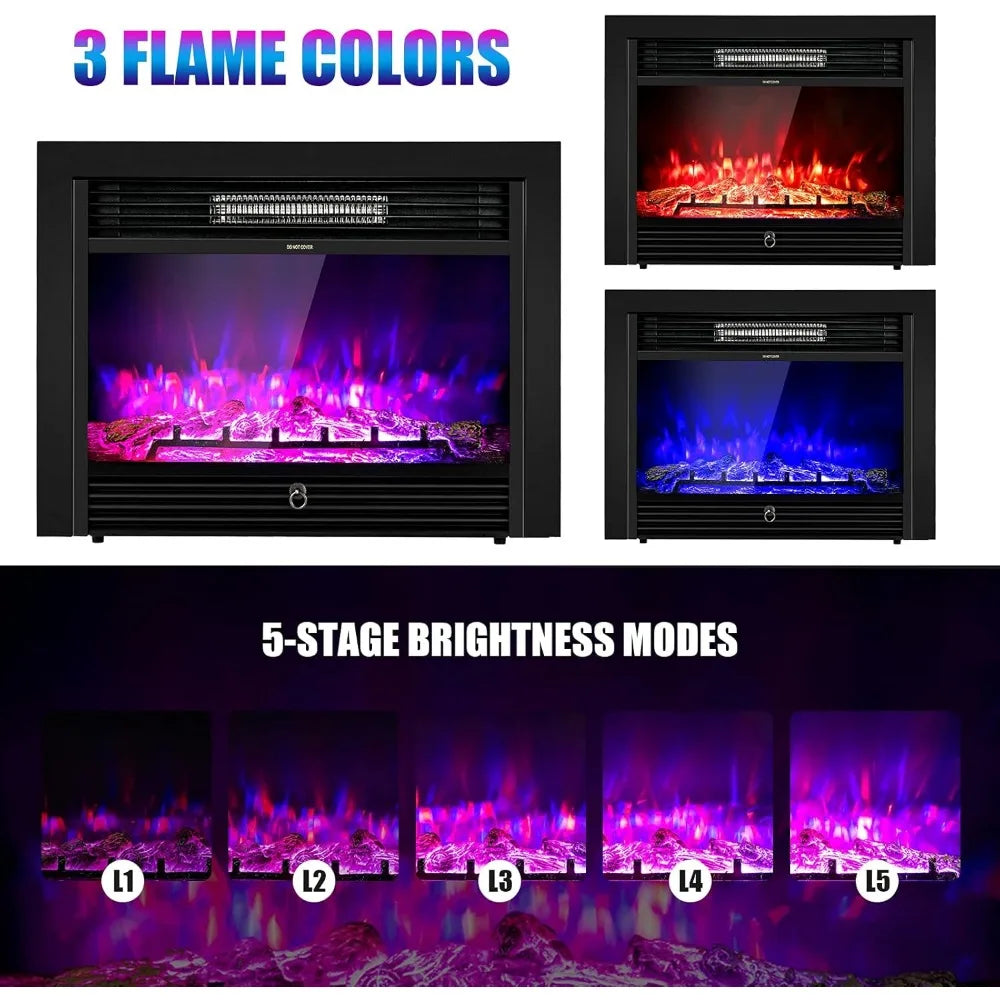 750W/1500W Wall Recessed and Freestanding Fireplace with 3 Flame Colors, 5 Brightness Settings, 8H Timer, Heater for Indoor Use