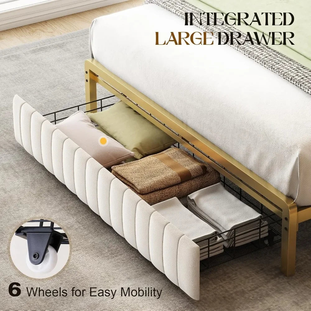 Queen Size Bed Frame with Motion Activated Light, LED Platform Bed with Integrated Drawer and Storage Headboard