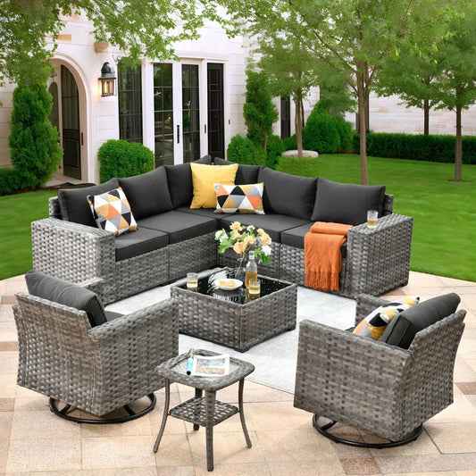 9 Pieces Patio Furniture Set, Outdoor Sectional Sofa with Swivel Rocking Chairs, Wide Arms and Deep Seat, Wicker Rattan Set