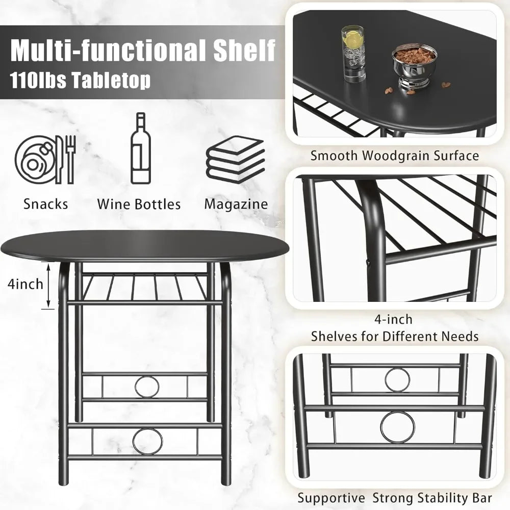 3Piece Wooden Round Table and Chair Set Kitchen Breakfast Corner with Metal Frame and Built-in Wine Rack for Kitchen Dining Room