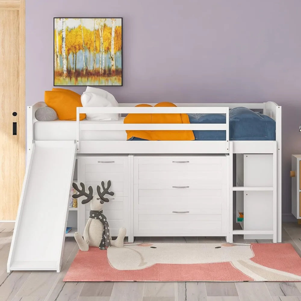 Loft Bed with 5 Drawers,5 Shelves, Slide and Ladder, Twin Size Loft Bed for Family, Teens, No Box Spring Needed,WoodBed Frame