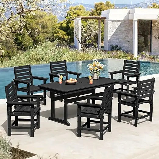 Patio Table and Chairs Set 7 Pieces, with Umbrell Hole, with 6 Patio Chairs, Weather Resistant Outdoor Dining Sets