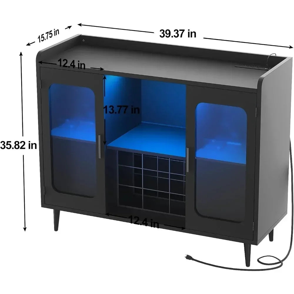 Wine Bar Cabinet with Power Outlet, Liquor Cabinet Bar with LED Light and Glass Holder, Home Coffee Bar Cabinet