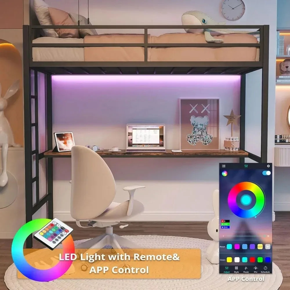 Loft Bed Twin Size with Desk, Metal Loft Bed Frame with Power Outlet and LED Lighted, Space-Saving, Noise Free, Black