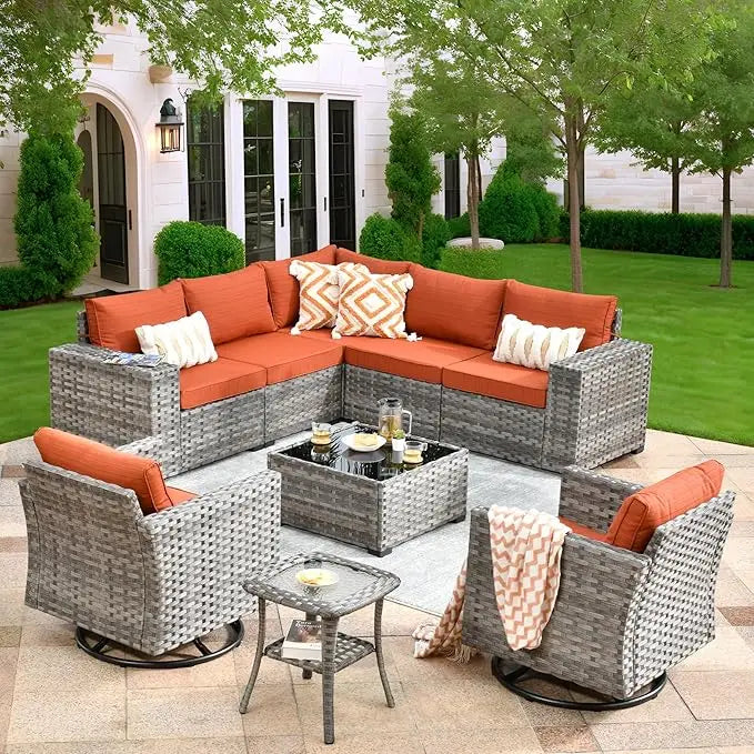 9 Pieces Patio Furniture Set, Outdoor Sectional Sofa with Swivel Rocking Chairs, Wide Arms and Deep Seat, Wicker Rattan Set