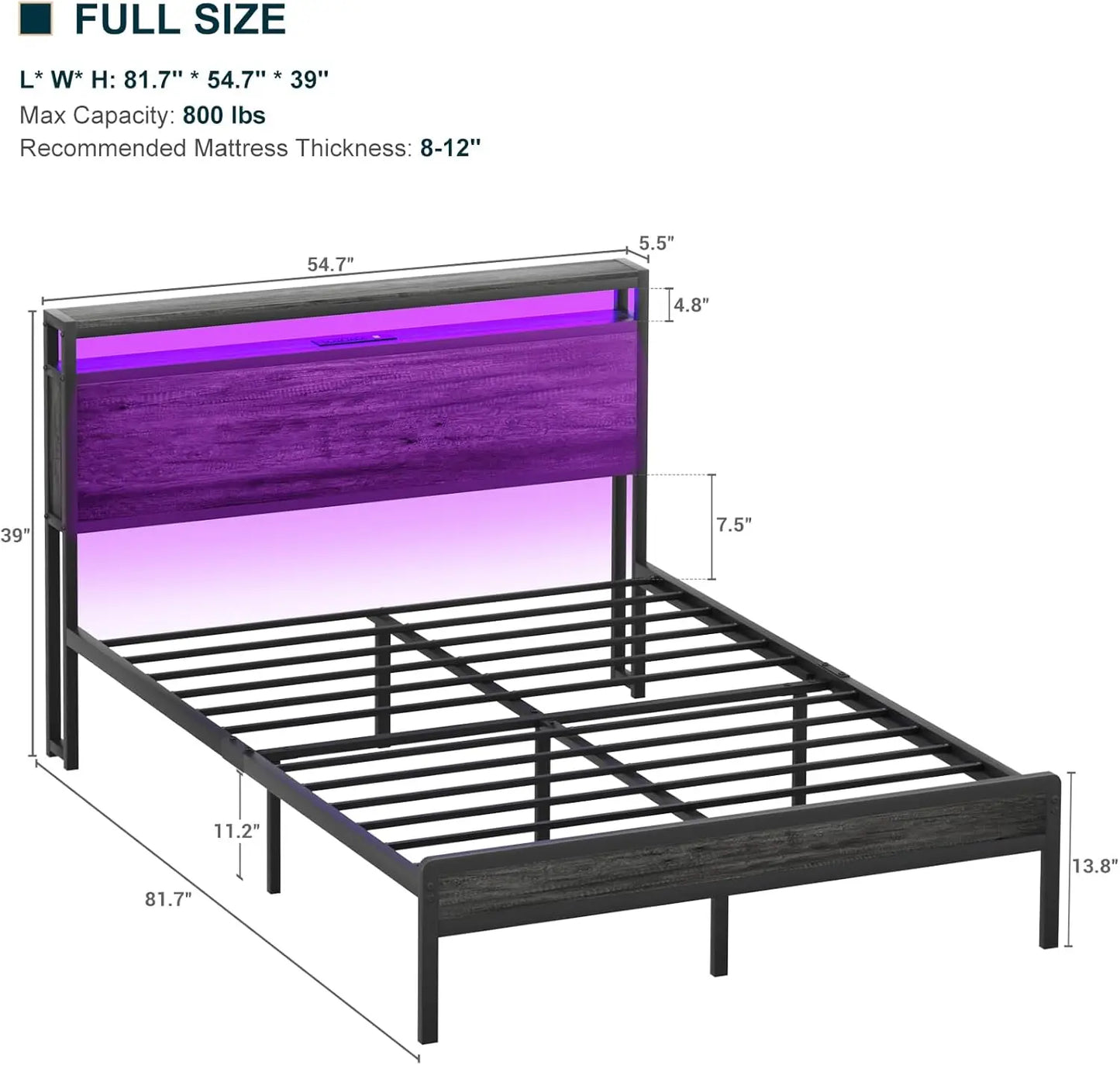 Full Size Bed Frame with Charging Station and Led Lights, Industrial Metal Platform Bed with Storage Headboard, Steel S