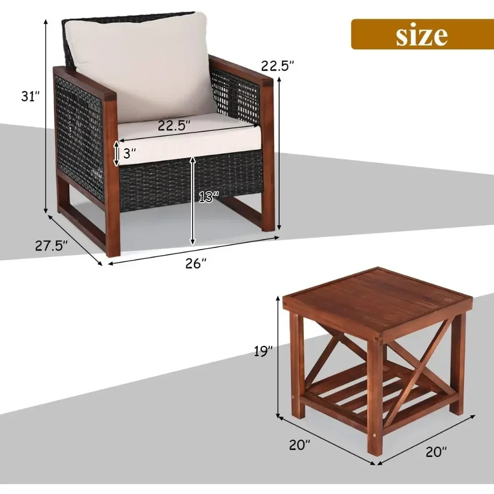 Rattan Outdoor Furniture Set with Washable Cushion and Acacia Wood Coffee Table, Outdoor Bistro Set, Free Shipping