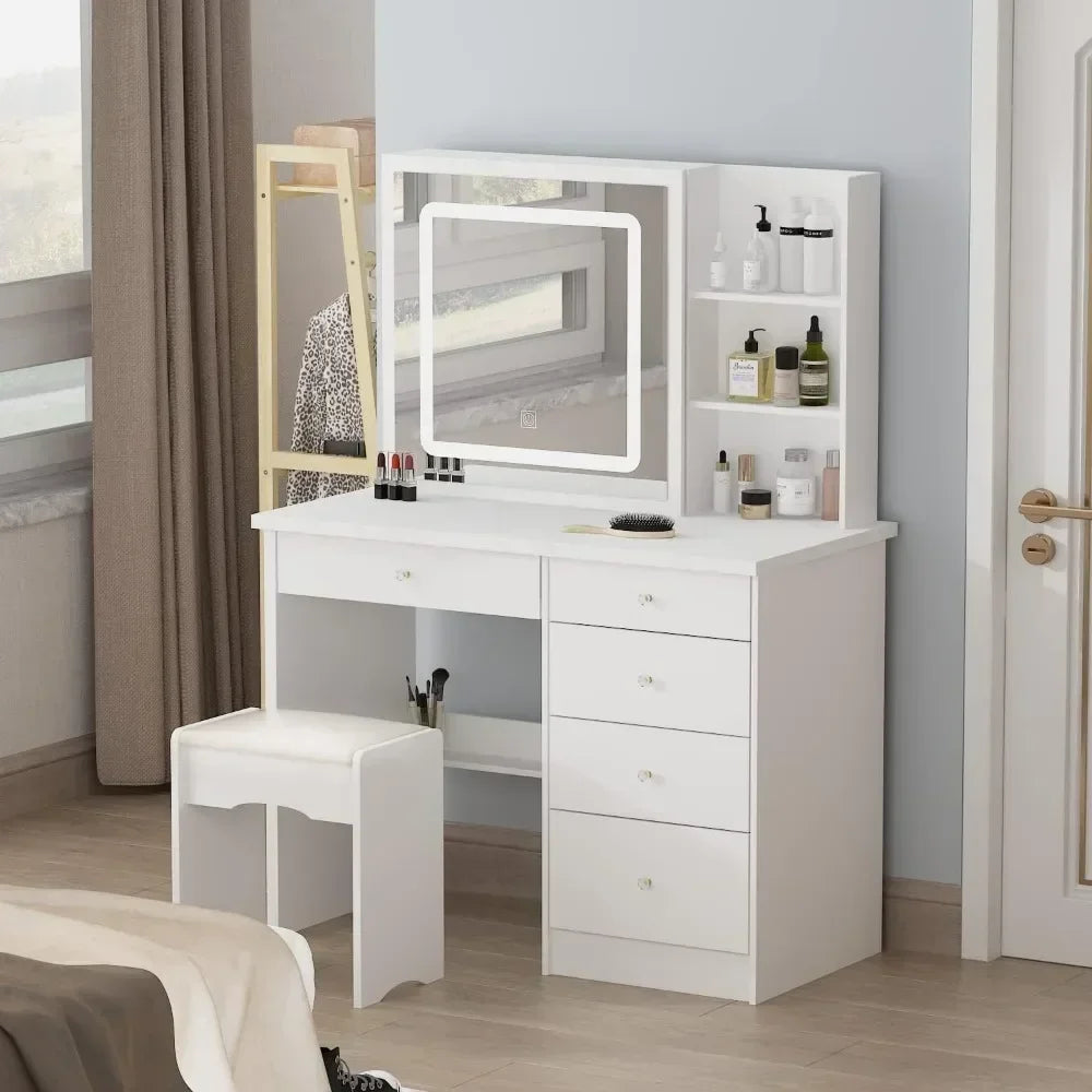 Vanity Desk Set with Large Sliding Lighted Mirror, Dressing Table with 5 Drawers, Storage Shelves & Cushioned Stool Makeup Table