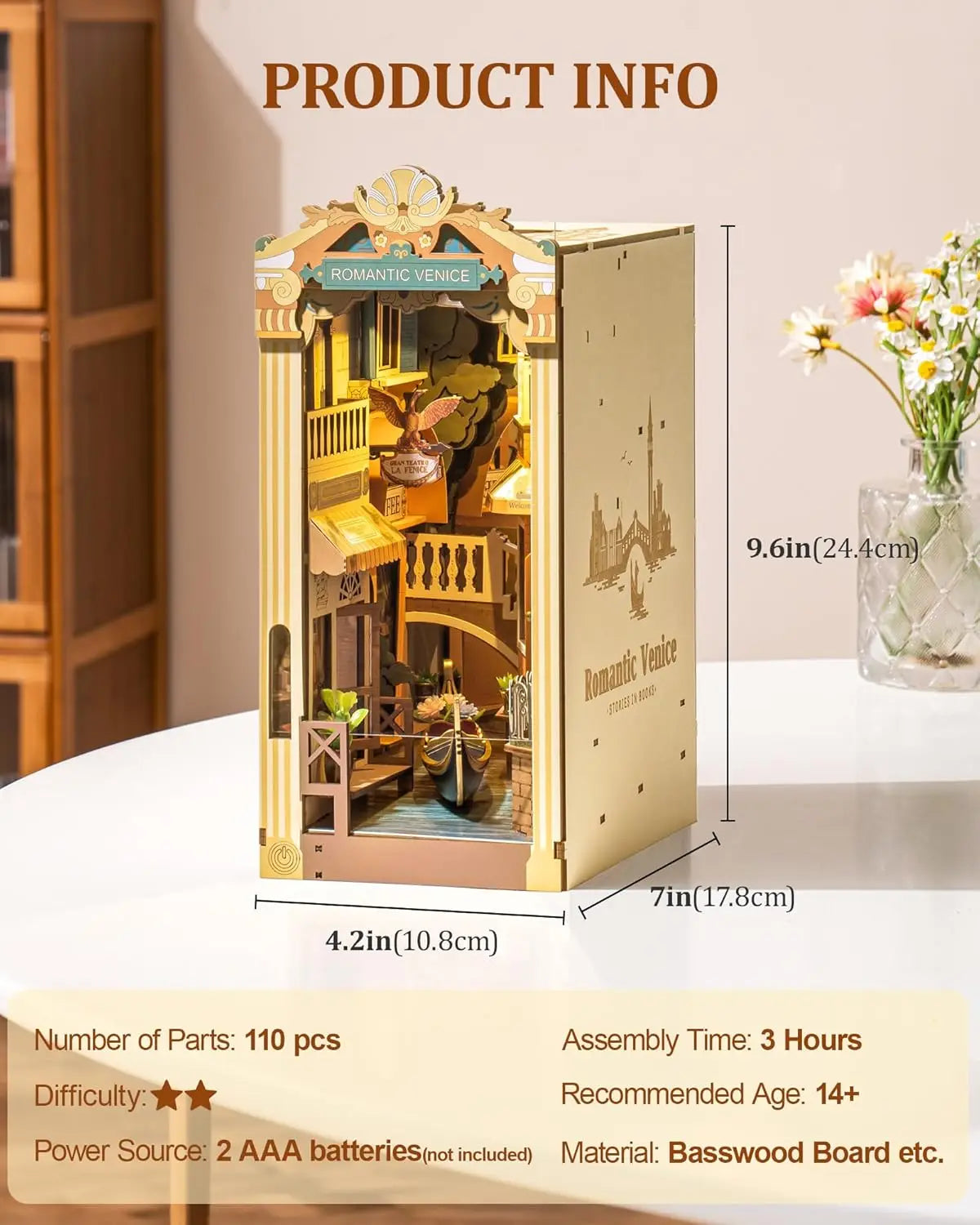 Robotime Book Nook Kits Romantic Venice with LED Lights 3D Wooden Puzzle Bookend Bookshelf Miniature House Kit for Adults