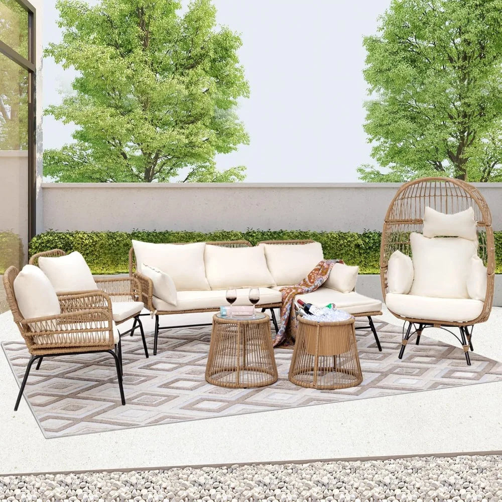 7 Piece Patio Furniture Sets with Egg Chair, Small Outdoor Bistro Chair Conversation Sofa Set w/Coffee Table & Ice Bucket