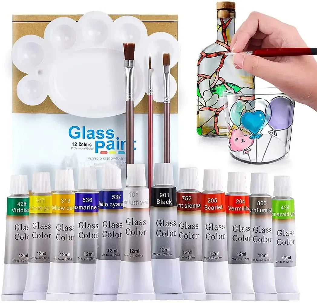 12 24 Colors Stain Glass Paint Set with 6 Nylon Brushes, 1 Palette, Waterproof Acrylic Enamel Painting Kit for Art Supplies