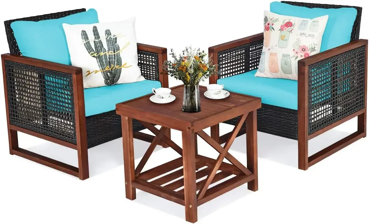 Rattan Outdoor Furniture Set with Washable Cushion and Acacia Wood Coffee Table, Outdoor Bistro Set, Free Shipping