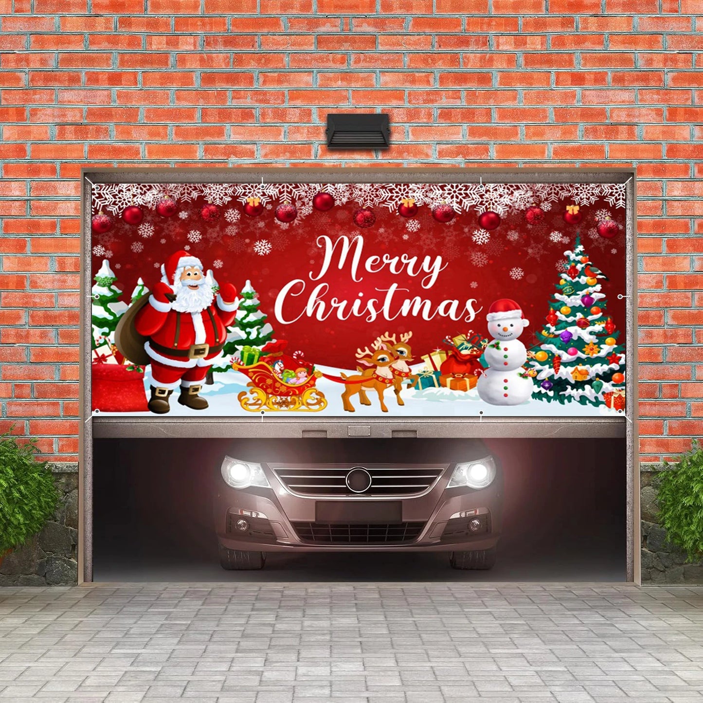 Merry Christmas Garage Wall Background Banner Santa Claus Xmas Tree Red Glitter Snowflake Bells Garage Door Frame With Hooks