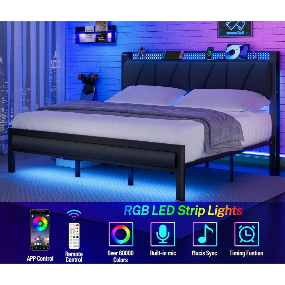 King Bed Frame with Headboard and LED Light, Upholstered Platform with Power Outlet and USB Port, King Size Bed