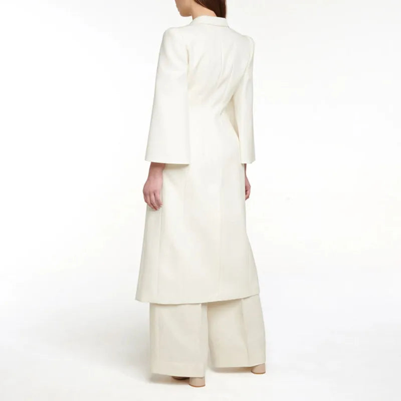 AI NI YA Spring and Autumn New Slim Fit Double breasted Horn Sleeves Long White Dress Coat Women's Suit Coat