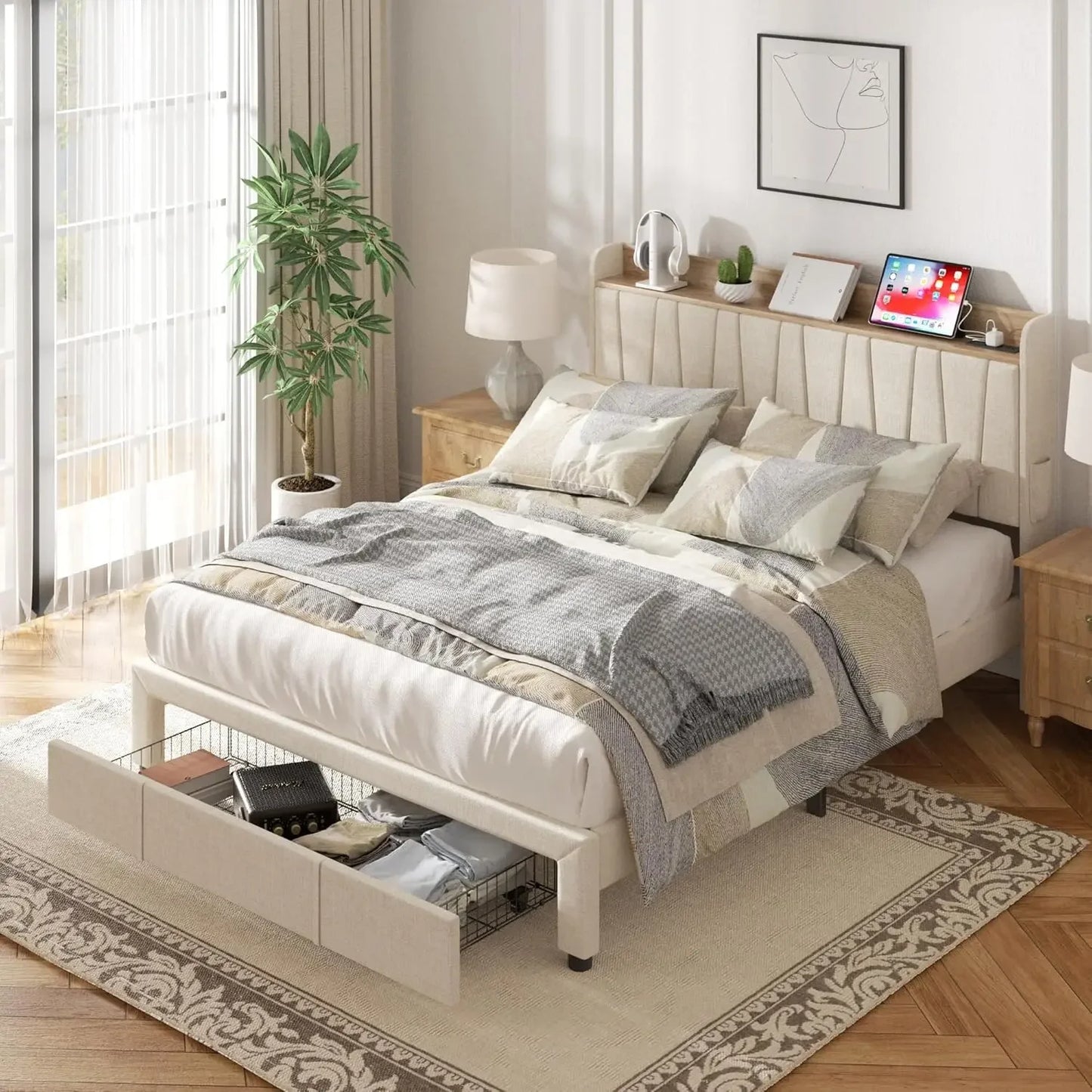 King Size Bed Frame,Upholstered Platform Bed with Storage Drawers No Box Spring Needed Headboard and Charging Station bedstead