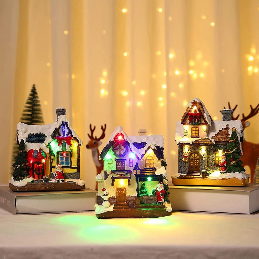 Christmas Village Houses, Resin Christmas Village with Warm Light Battery Operate, Christmas Home Table Decor,A