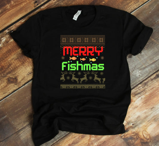 Fisherman Ugly Sweater Merry Fishmas T Shirt Funny Christmas Pajama Fishing