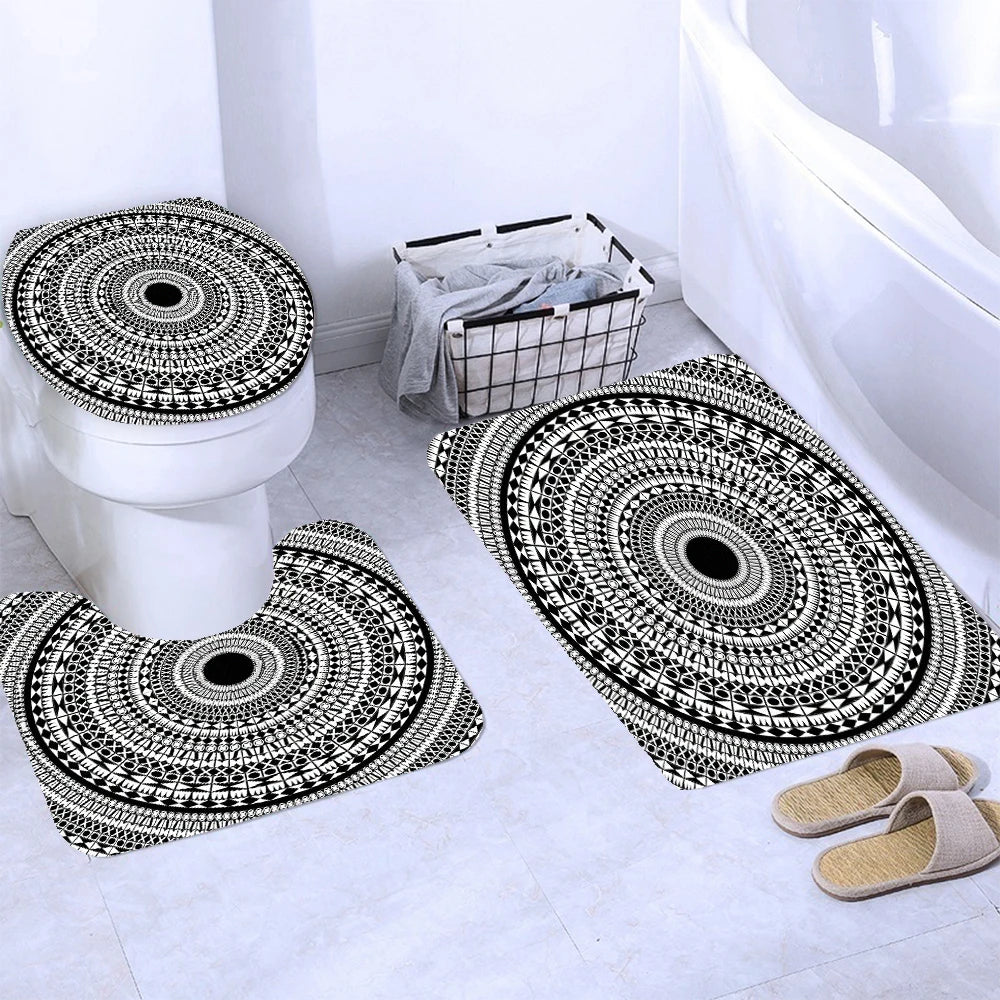 Ethnic Greek style Shower Curtains Waterpoof Bathroom Curtain  Traditional Meander Border Bath Curtain Set Bath Mats Rug Decor