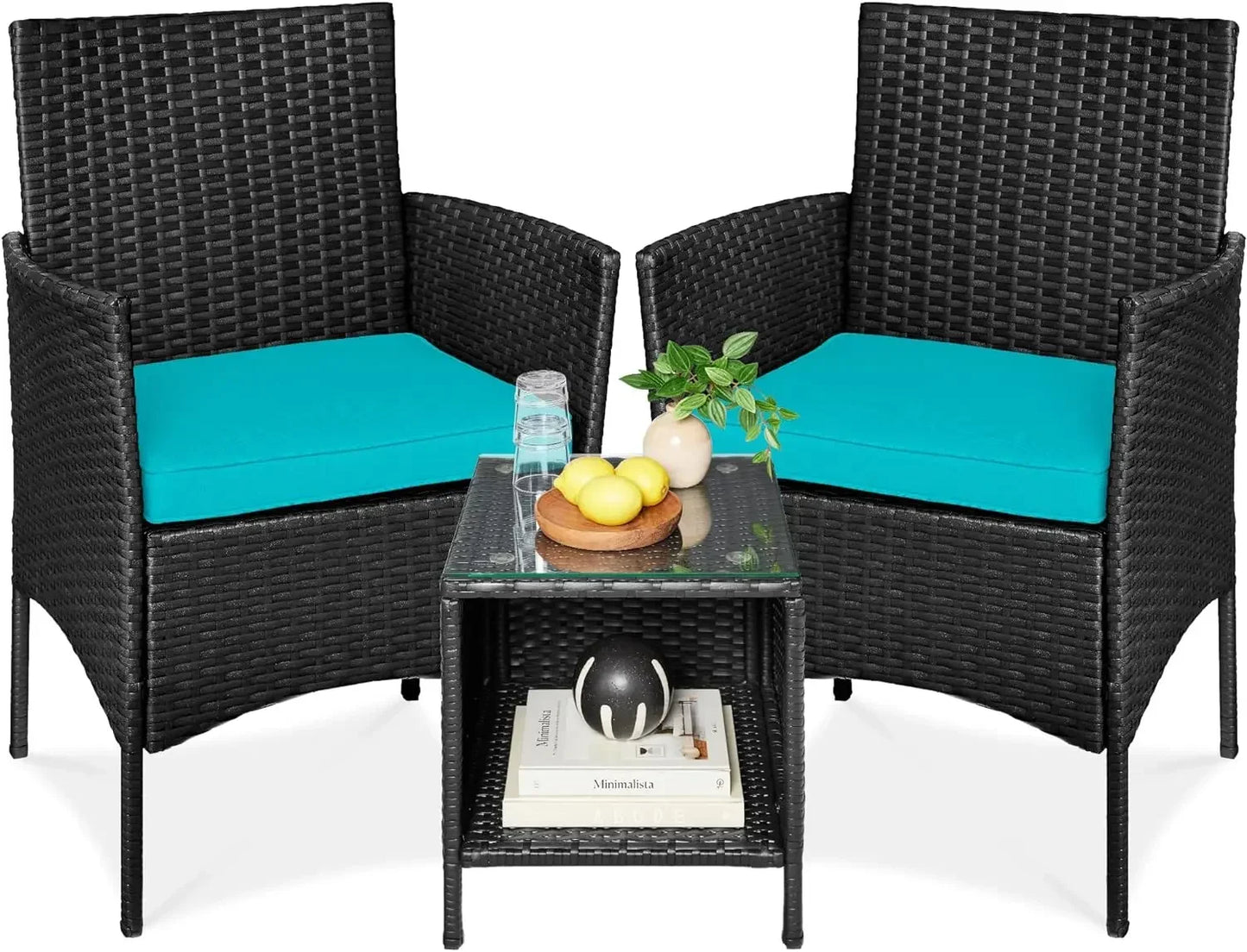 3-Piece Outdoor Wicker Conversation Bistro Set, Space Saving Patio Furniture for Yard, 2 Chairs, 2 Cushions, Side Storage Table