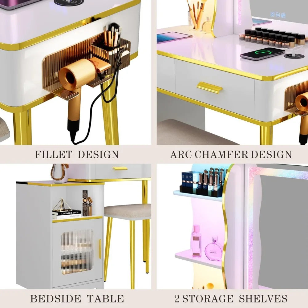 Vanity Desk with Mirror and Lights: Modern Makeup Vanity Set with 3 in 1 Charging Station with Drawers and Shelves, Vanity Table