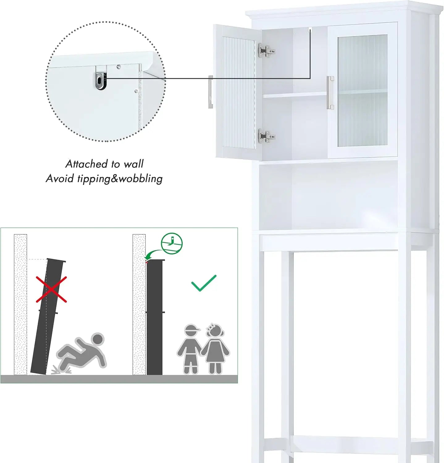 The Toilet Cabinet for Bathroom Storage, Above Toilet Storage Cabinet with Tempered Glass Doors, White