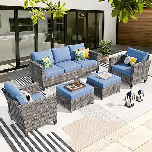 Patio Furniture Set, Couch Chairs, All Weather High Back Conversation Set Garden Backyard, 5 Pieces Outdoor Wicker Rattan Sofa