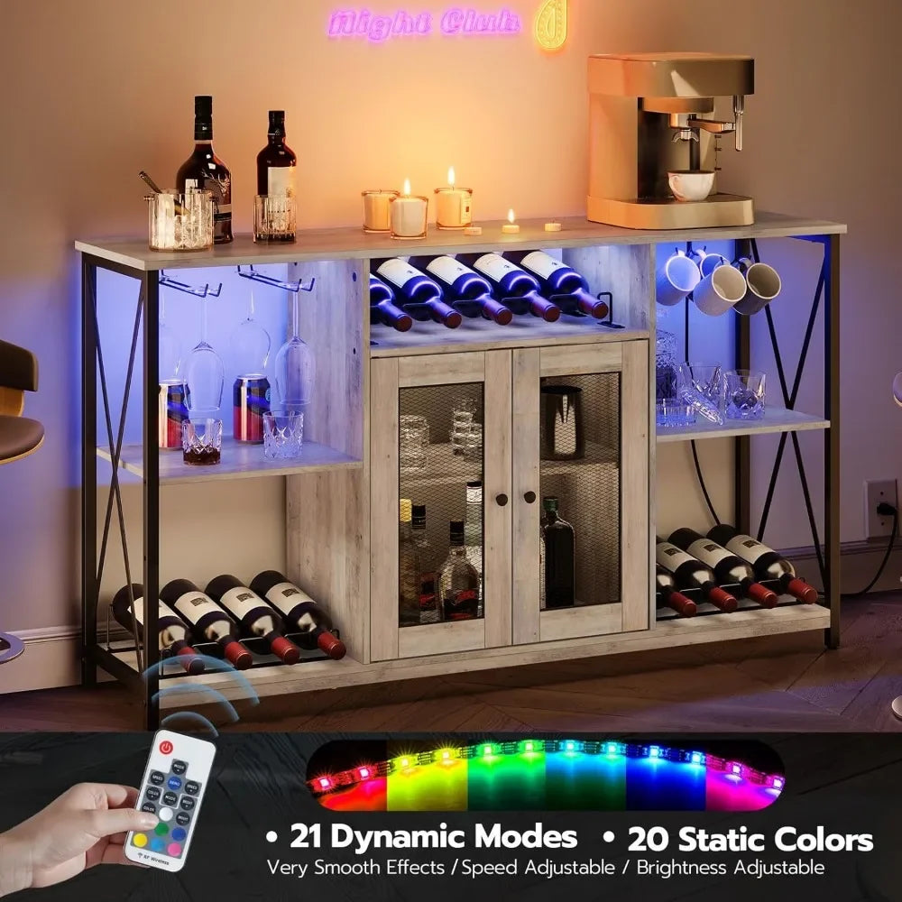 Wine Bar Cabinet with Led Lights and Power Outlets, Coffee Bar Cabinet for Glasses, Sideboard Buffet Cabinet, Liquor Cabinet