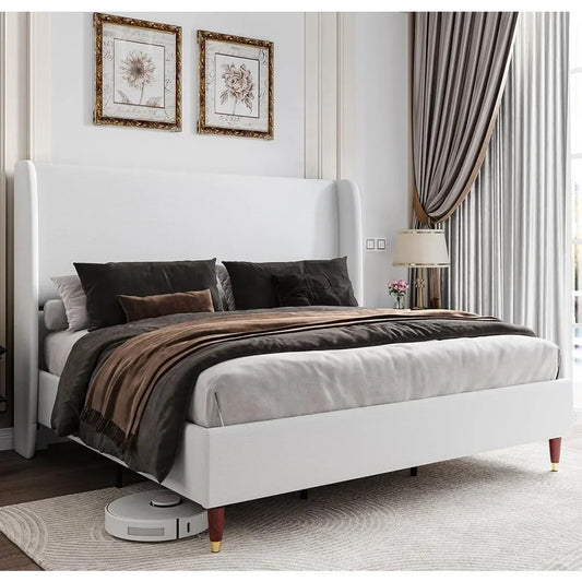 Upholstered Bed Frame Queen Size 51.2" High Platform Bed with Wingback Headboard/No Box Spring Needed Bed Frame