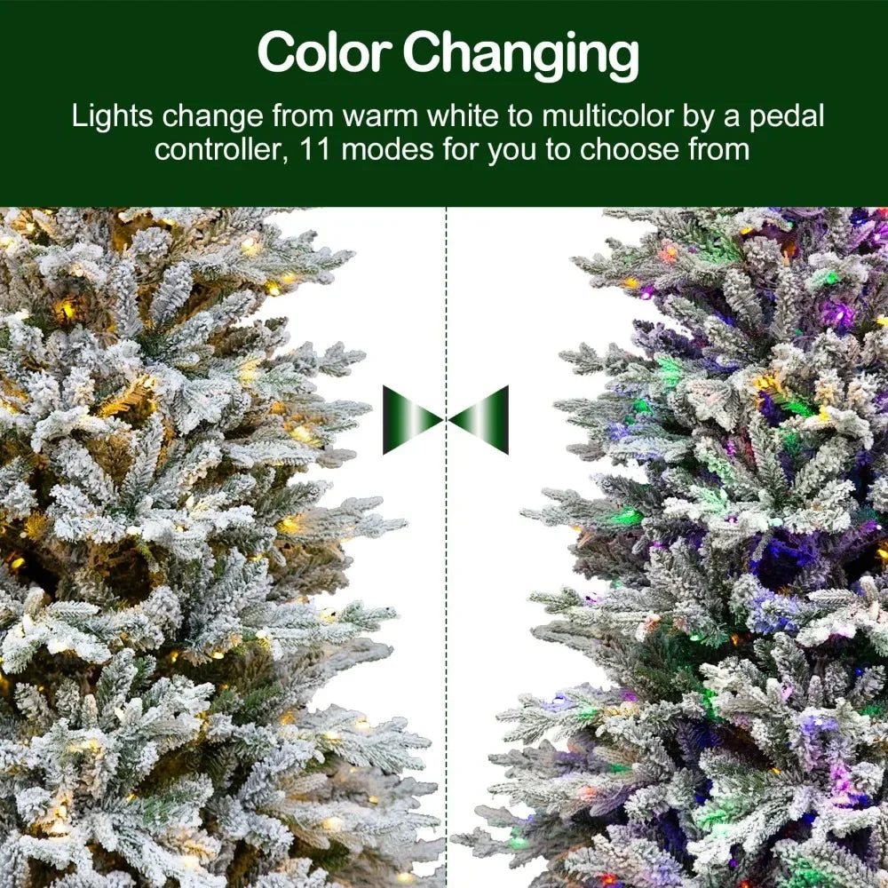 6.5 ft Prelit Snow Flocked Christmas Tree, Artificial Christmas Tree with 350 Color Changing LED Lights, 2024 PE&PVC Br