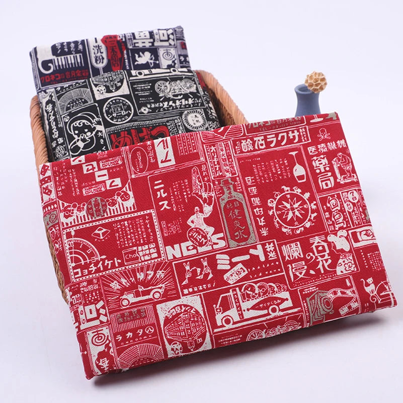 Japanese Style Newspaper Cotton Fabric Red Black Home Tablecloth DIY Handmade Cloth by Half Meter