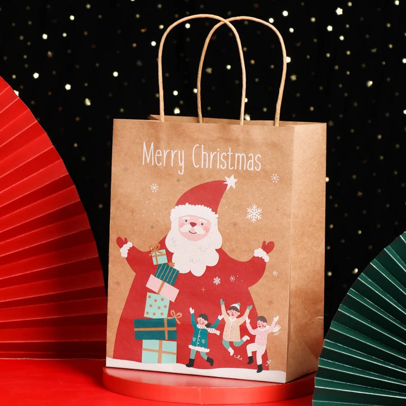 10pcs Christmas handbag New kraft paper bag Bread bag Kraft candy bag Holiday gift bag Christmas wrapping paper