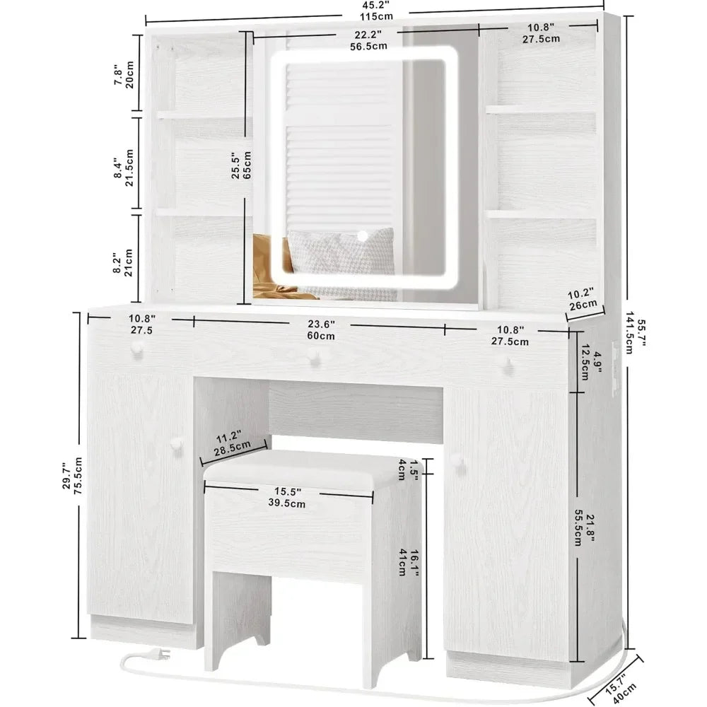 Vanity Desk Set with Large LED Lighted Mirror & Power Outlet, 7 Drawers with Storage Bench, Industrial Style Dressing